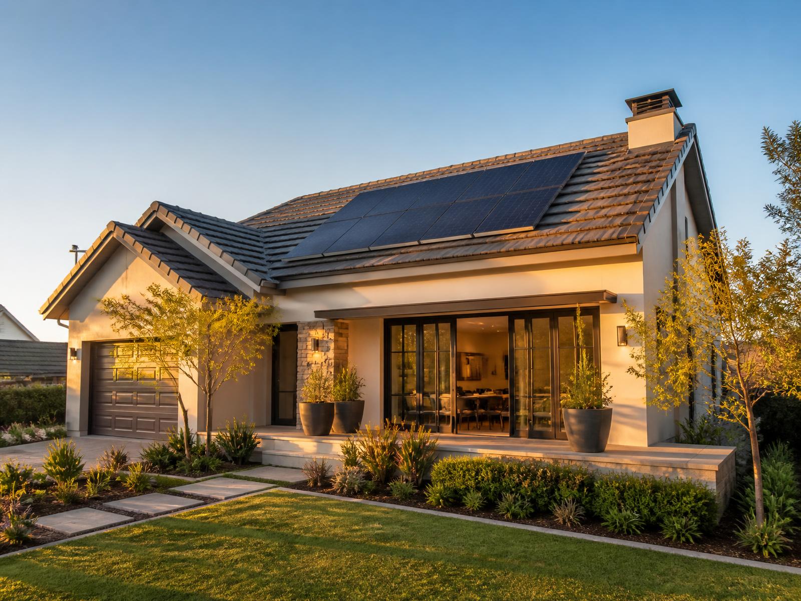 Modern South African home with rooftop solar panels at golden hour