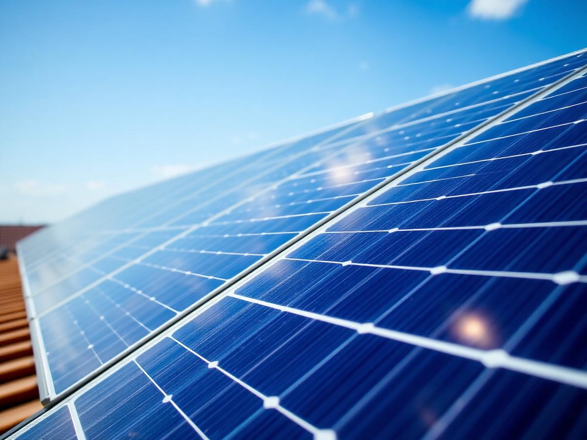 Rooftop photovoltaic solar panels against a blue sky